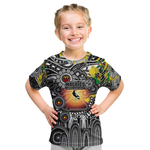 Personalised NAIDOC Week 2025 Magpies Football Kid T Shirt Aboriginal Dot Painting