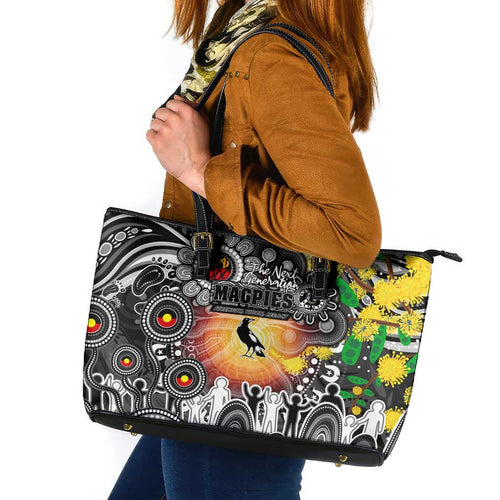 NAIDOC Week 2025 Magpies Football Leather Tote Bag Aboriginal Dot Painting