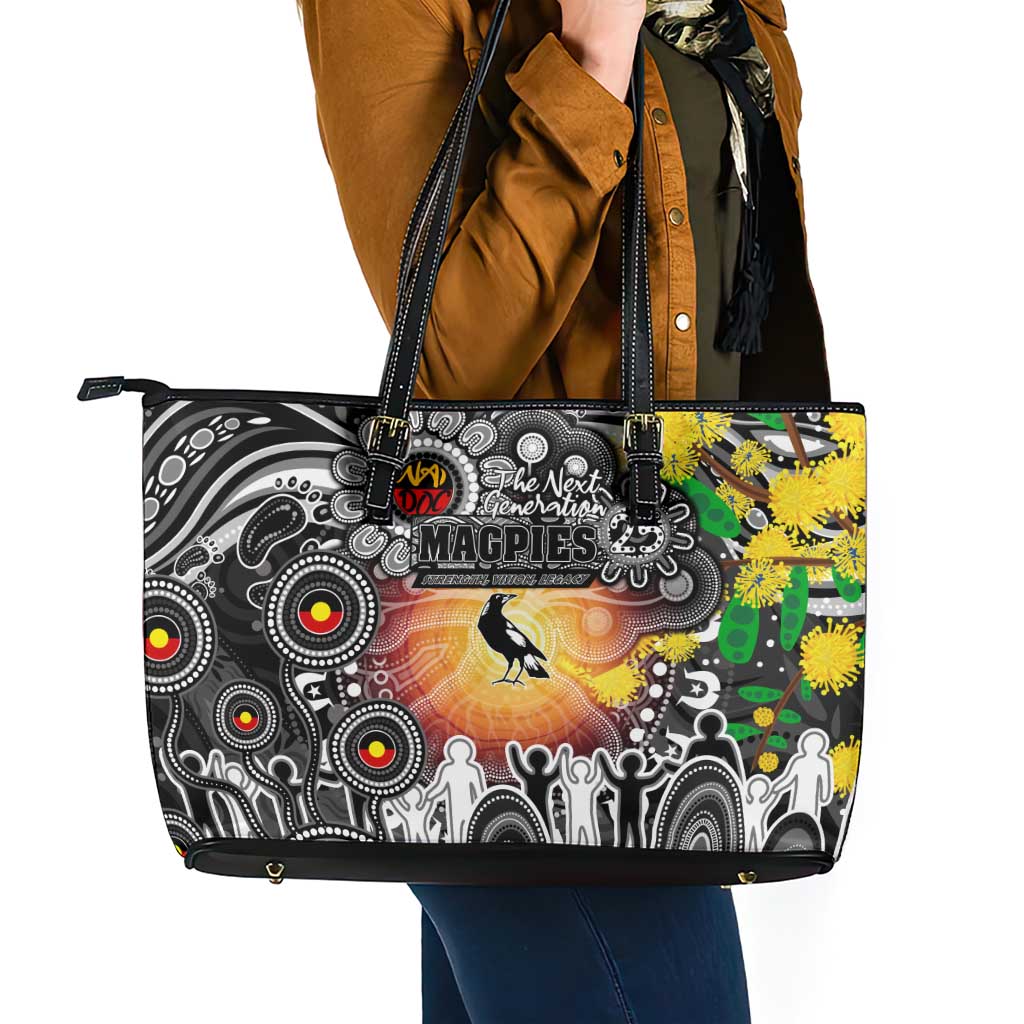 NAIDOC Week 2025 Magpies Football Leather Tote Bag Aboriginal Dot Painting