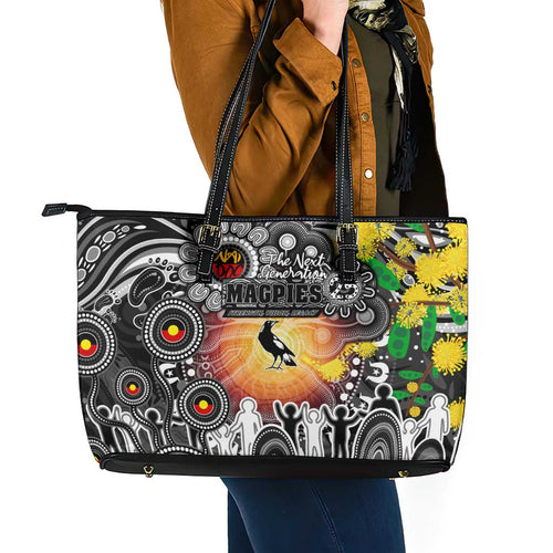 NAIDOC Week 2025 Magpies Football Leather Tote Bag Aboriginal Dot Painting