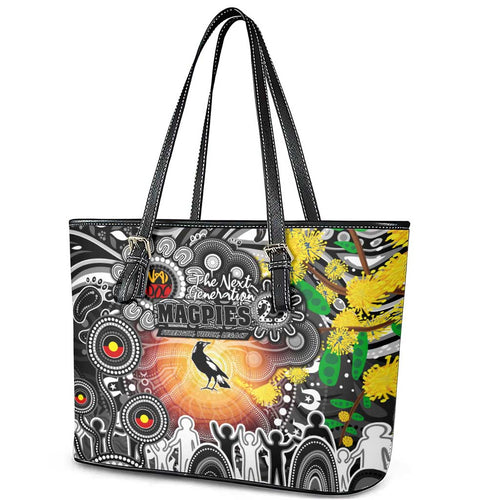 NAIDOC Week 2025 Magpies Football Leather Tote Bag Aboriginal Dot Painting
