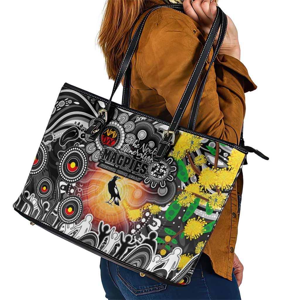 NAIDOC Week 2025 Magpies Football Leather Tote Bag Aboriginal Dot Painting