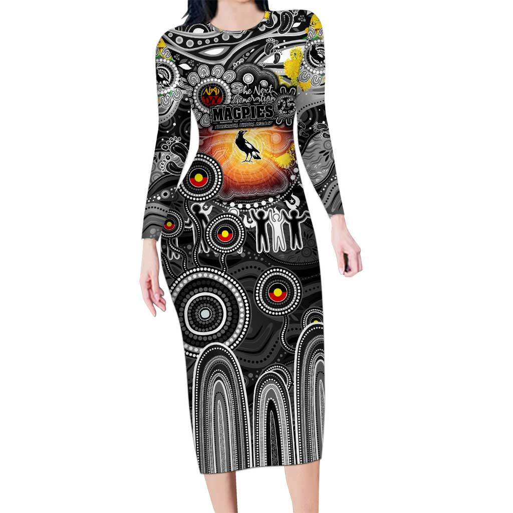 Personalised NAIDOC Week 2025 Magpies Football Long Sleeve Bodycon Dress Aboriginal Dot Painting