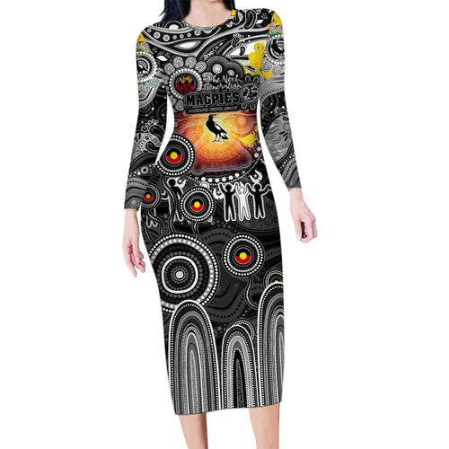 Personalised NAIDOC Week 2025 Magpies Football Long Sleeve Bodycon Dress Aboriginal Dot Painting