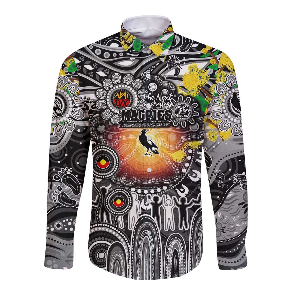 Personalised NAIDOC Week 2025 Magpies Football Long Sleeve Button Shirt Aboriginal Dot Painting
