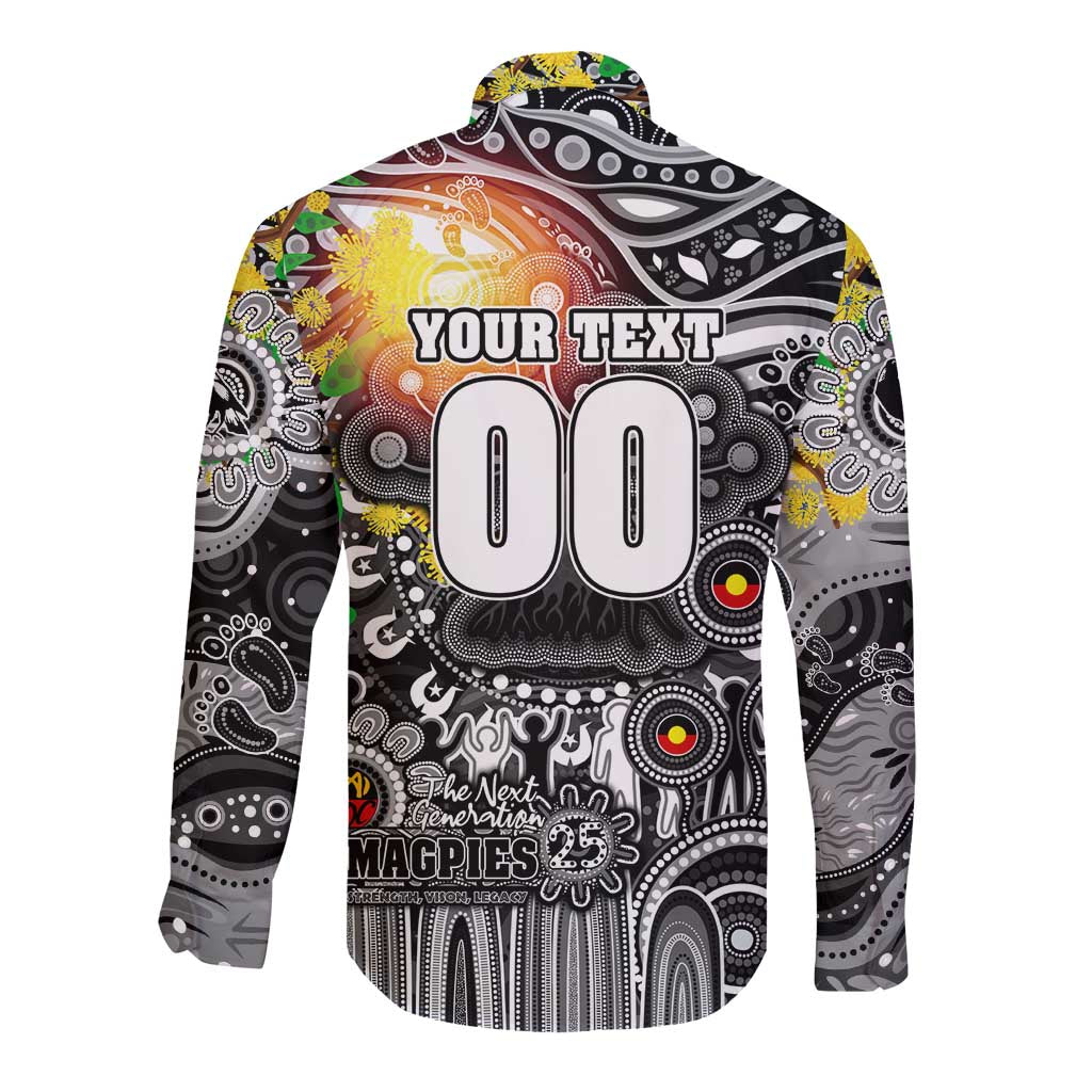 Personalised NAIDOC Week 2025 Magpies Football Long Sleeve Button Shirt Aboriginal Dot Painting