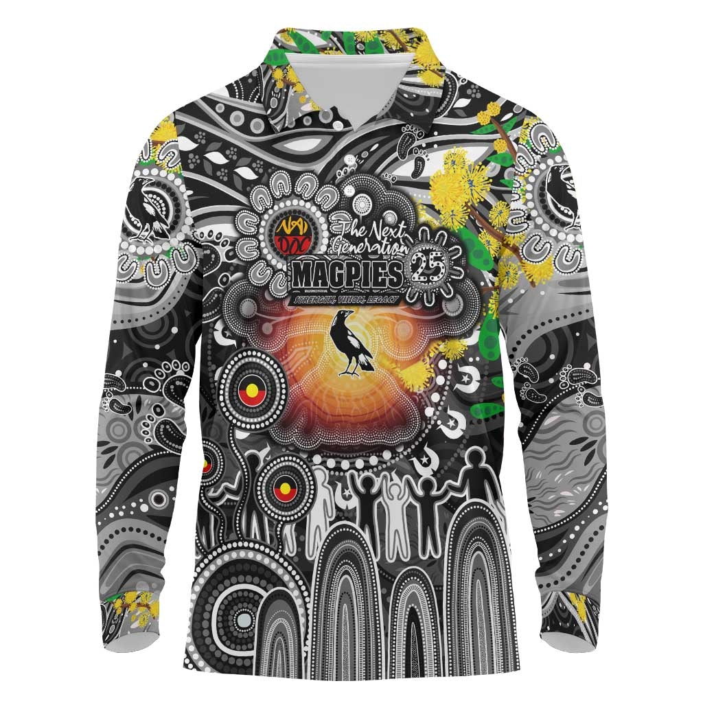 Personalised NAIDOC Week 2025 Magpies Football Long Sleeve Polo Shirt Aboriginal Dot Painting