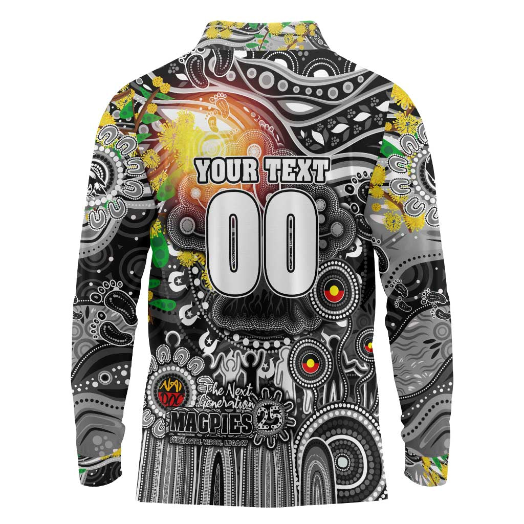 Personalised NAIDOC Week 2025 Magpies Football Long Sleeve Polo Shirt Aboriginal Dot Painting