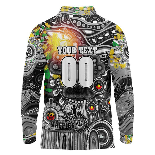 Personalised NAIDOC Week 2025 Magpies Football Long Sleeve Polo Shirt Aboriginal Dot Painting