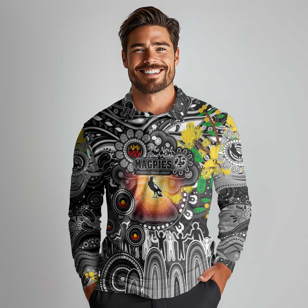 Personalised NAIDOC Week 2025 Magpies Football Long Sleeve Polo Shirt Aboriginal Dot Painting