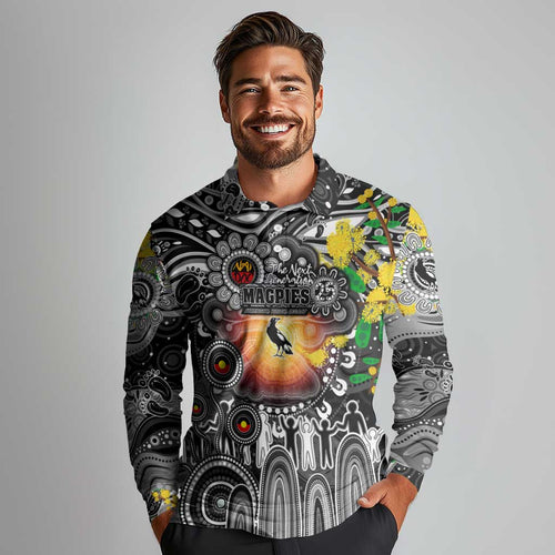 Personalised NAIDOC Week 2025 Magpies Football Long Sleeve Polo Shirt Aboriginal Dot Painting