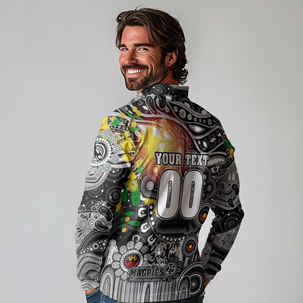 Personalised NAIDOC Week 2025 Magpies Football Long Sleeve Polo Shirt Aboriginal Dot Painting