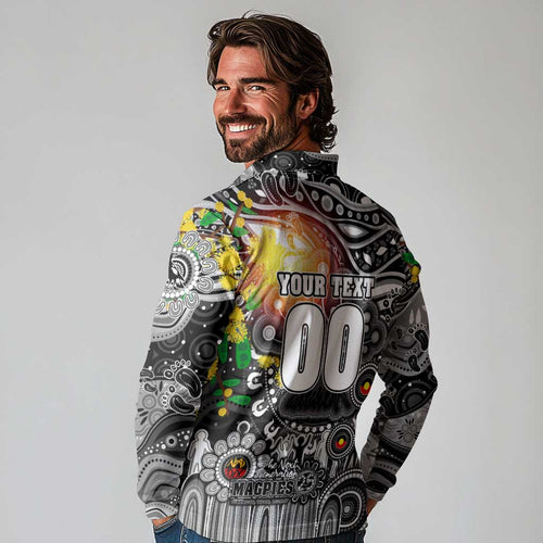 Personalised NAIDOC Week 2025 Magpies Football Long Sleeve Polo Shirt Aboriginal Dot Painting