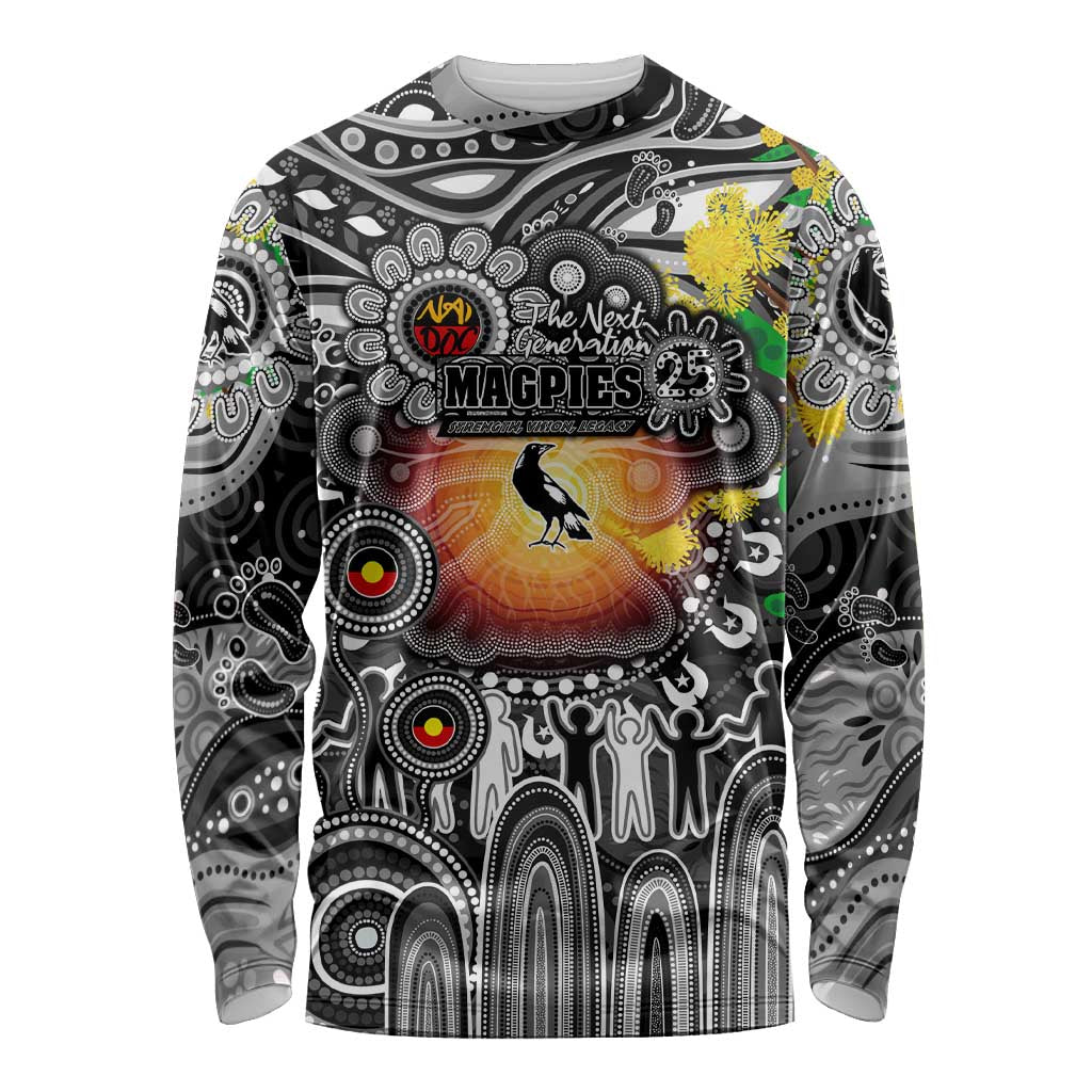 Personalised NAIDOC Week 2025 Magpies Football Long Sleeve Shirt Aboriginal Dot Painting