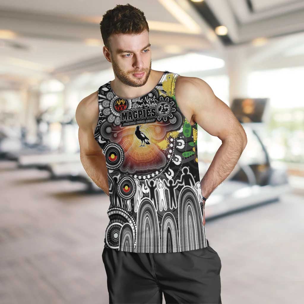 Personalised NAIDOC Week 2025 Magpies Football Men Tank Top Aboriginal Dot Painting
