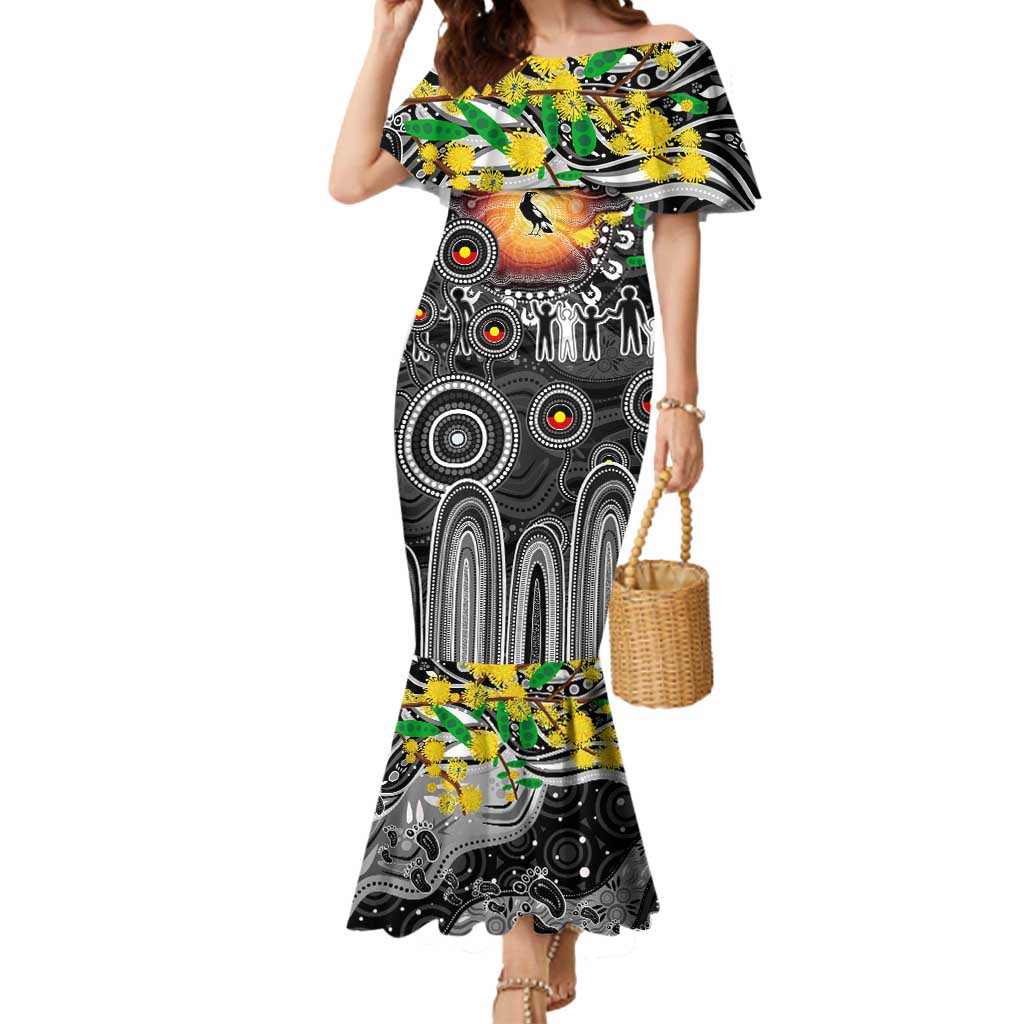 Personalised NAIDOC Week 2025 Magpies Football Mermaid Dress Aboriginal Dot Painting