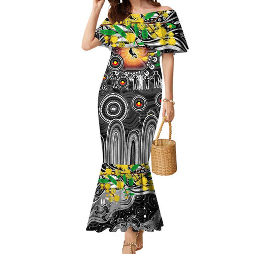 Personalised NAIDOC Week 2025 Magpies Football Mermaid Dress Aboriginal Dot Painting