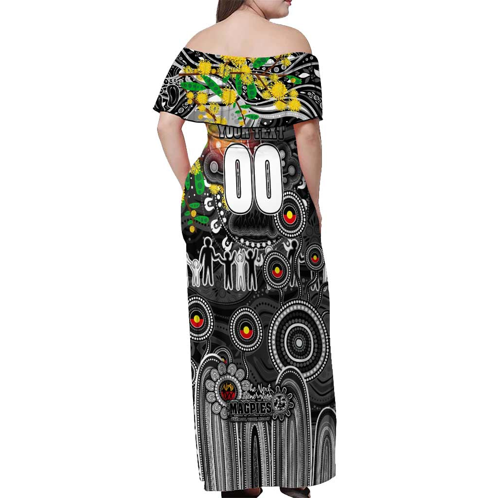 Personalised NAIDOC Week 2025 Magpies Football Off Shoulder Maxi Dress Aboriginal Dot Painting