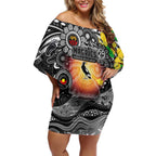 Personalised NAIDOC Week 2025 Magpies Football Off Shoulder Short Dress Aboriginal Dot Painting