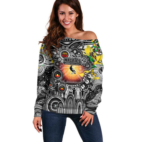 Personalised NAIDOC Week 2025 Magpies Football Off Shoulder Sweater Aboriginal Dot Painting