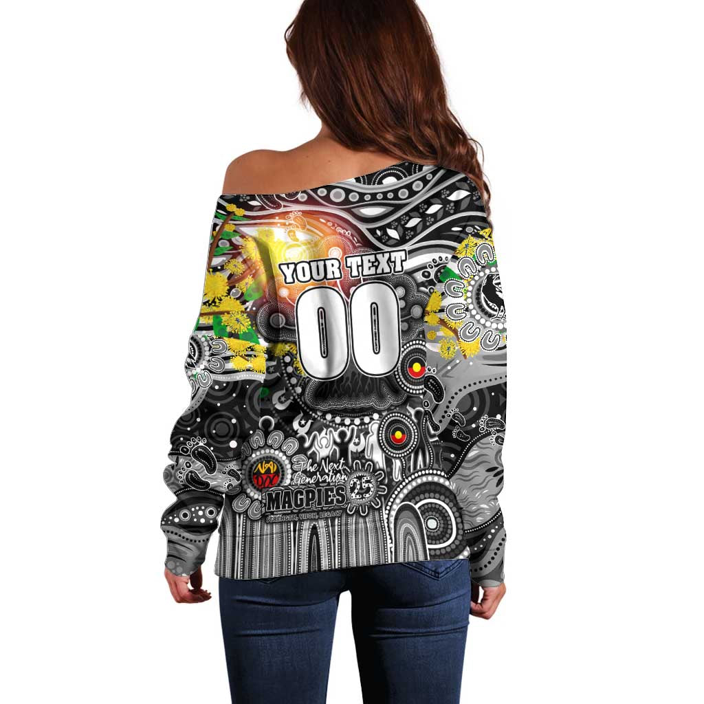 Personalised NAIDOC Week 2025 Magpies Football Off Shoulder Sweater Aboriginal Dot Painting