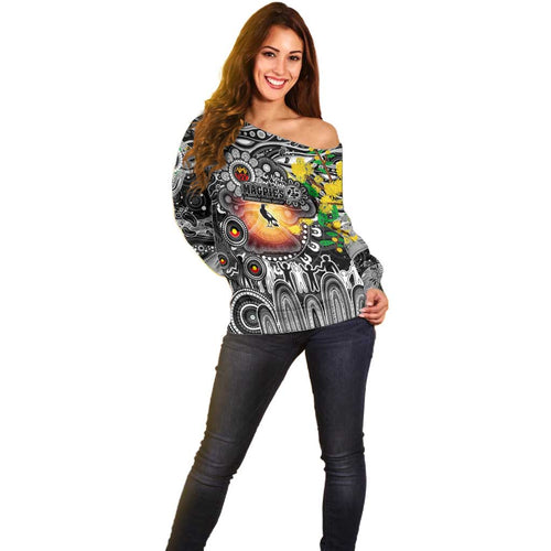 Personalised NAIDOC Week 2025 Magpies Football Off Shoulder Sweater Aboriginal Dot Painting