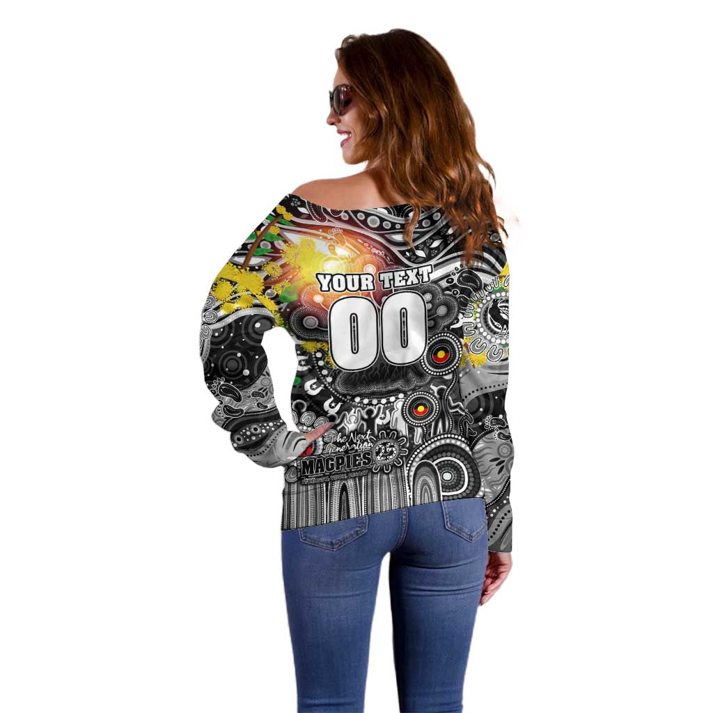 Personalised NAIDOC Week 2025 Magpies Football Off Shoulder Sweater Aboriginal Dot Painting