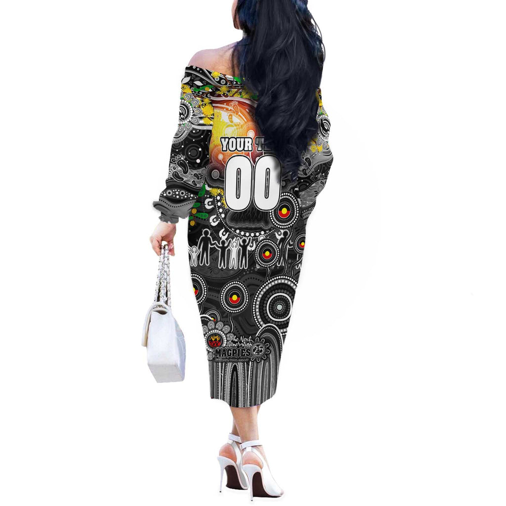 Personalised NAIDOC Week 2025 Magpies Football Off The Shoulder Long Sleeve Dress Aboriginal Dot Painting