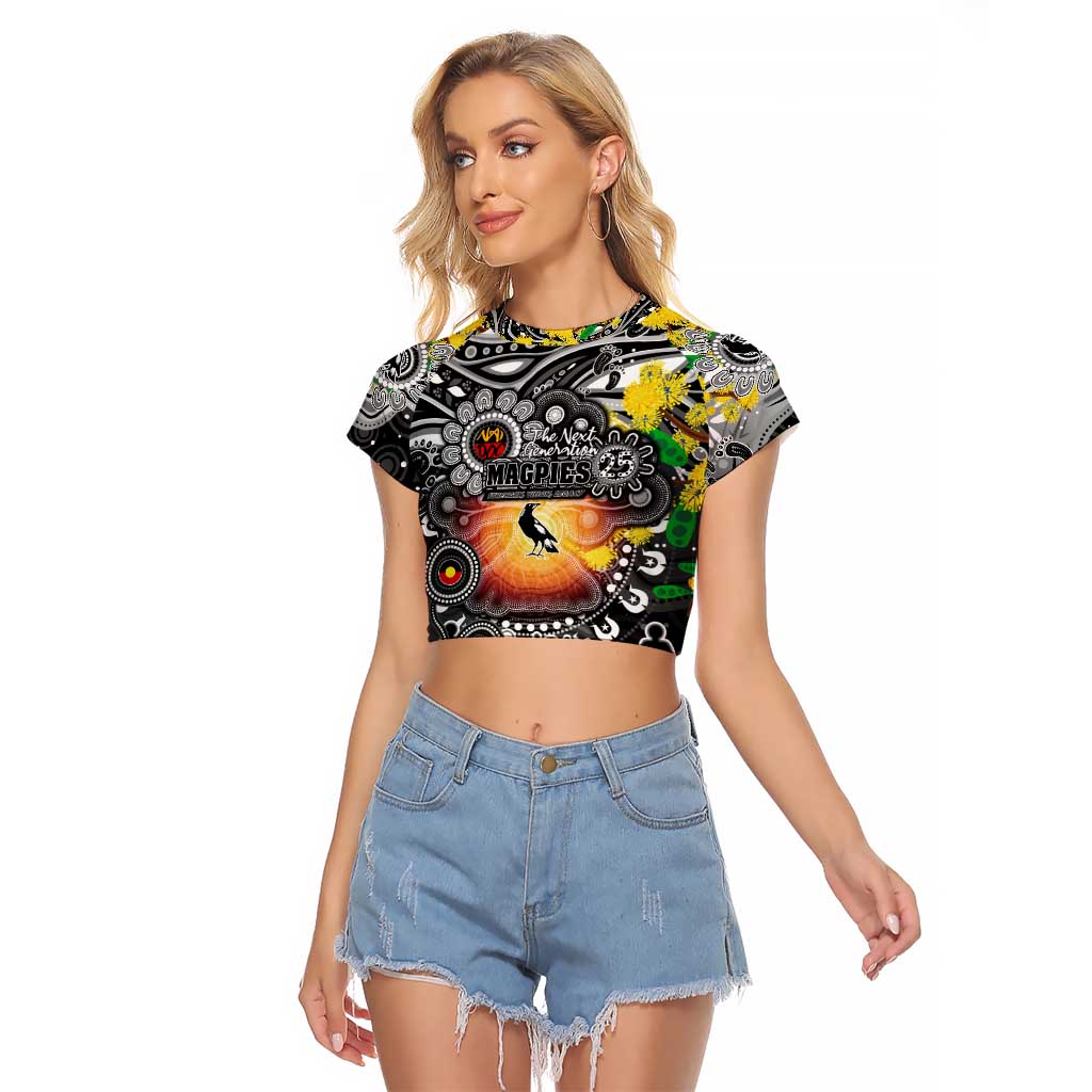 Personalised NAIDOC Week 2025 Magpies Football Raglan Cropped T Shirt Aboriginal Dot Painting
