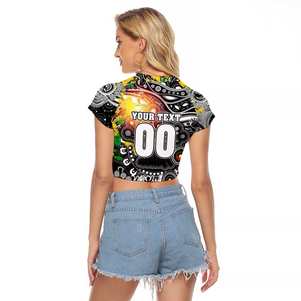Personalised NAIDOC Week 2025 Magpies Football Raglan Cropped T Shirt Aboriginal Dot Painting