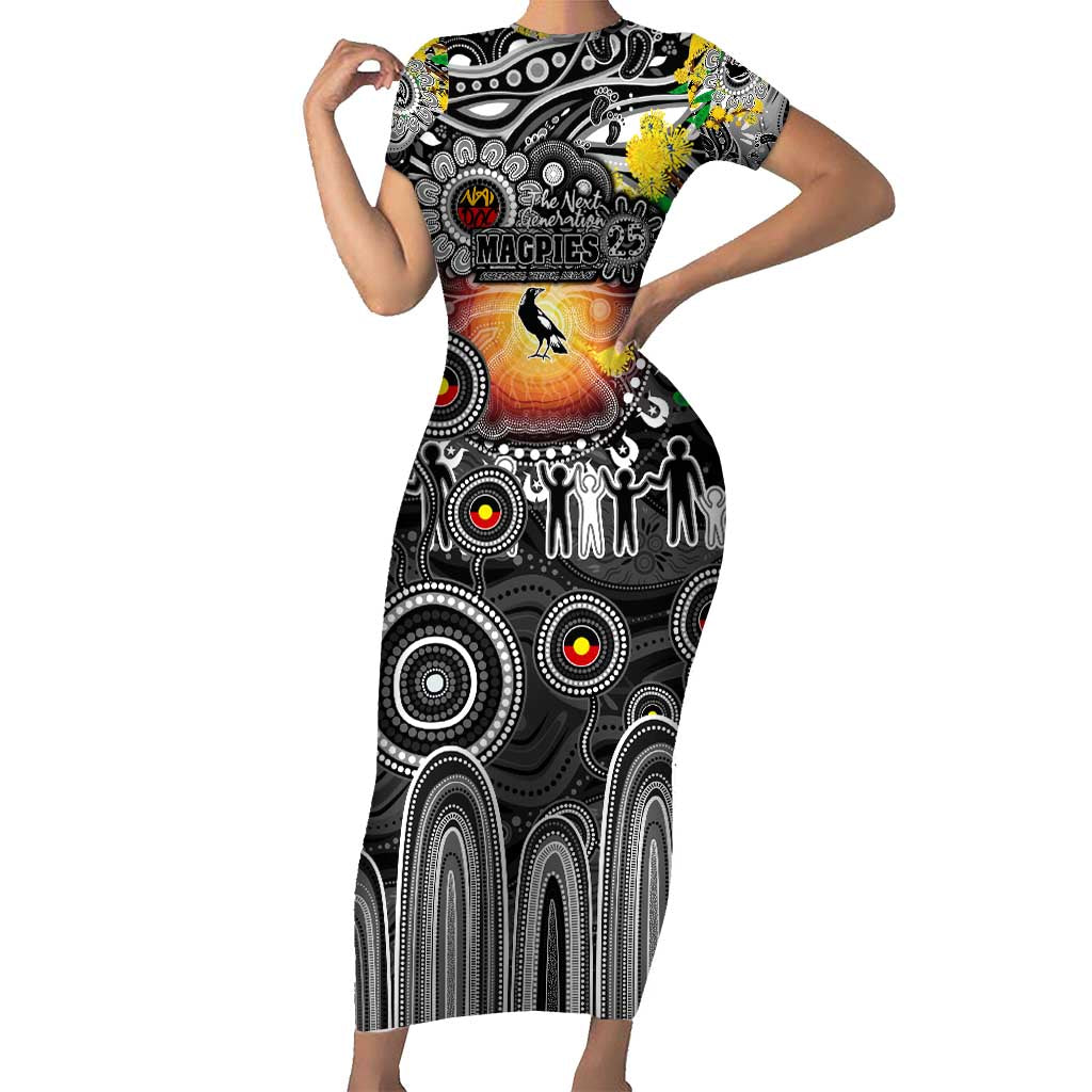 Personalised NAIDOC Week 2025 Magpies Football Short Sleeve Bodycon Dress Aboriginal Dot Painting