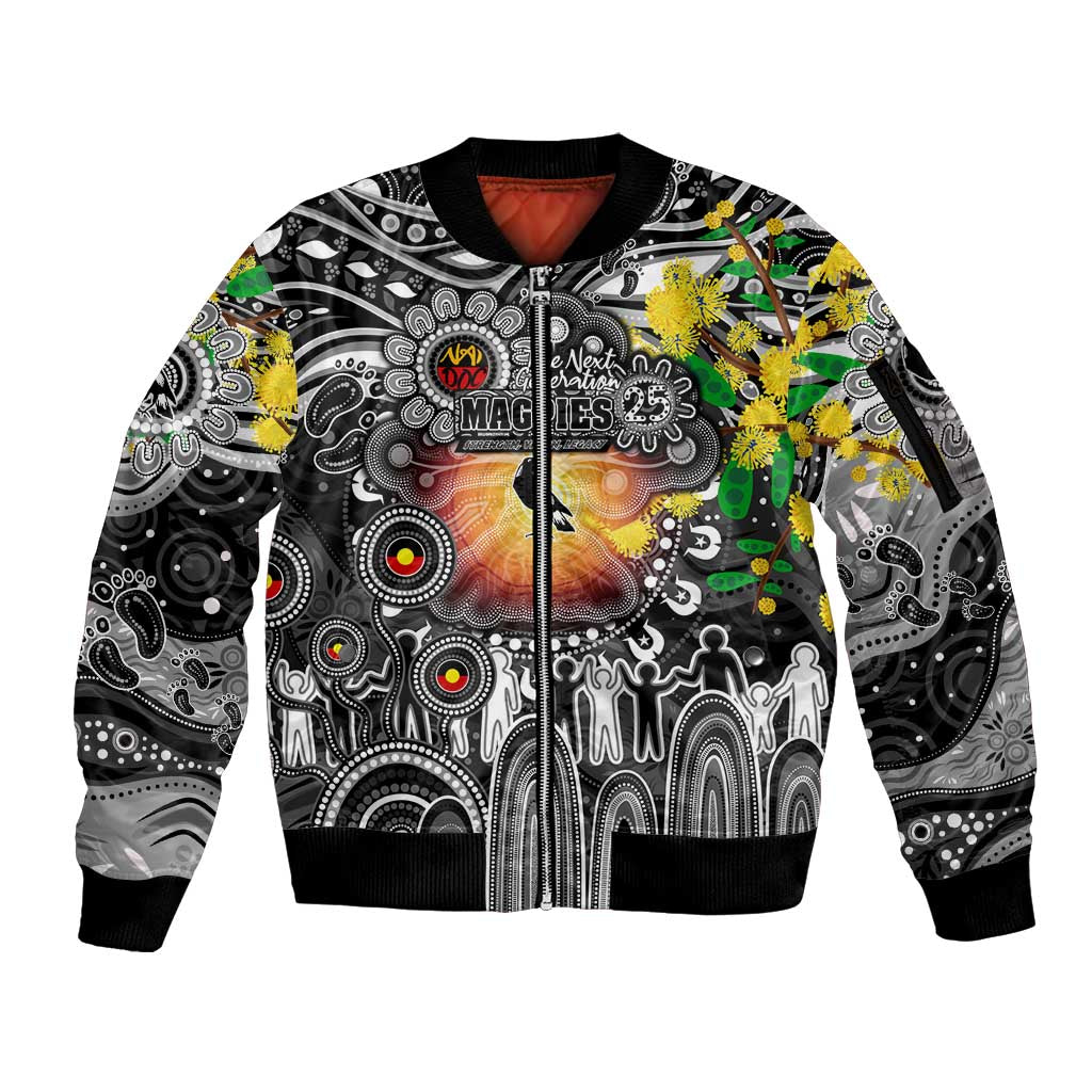 Personalised NAIDOC Week 2025 Magpies Football Sleeve Zip Bomber Jacket Aboriginal Dot Painting