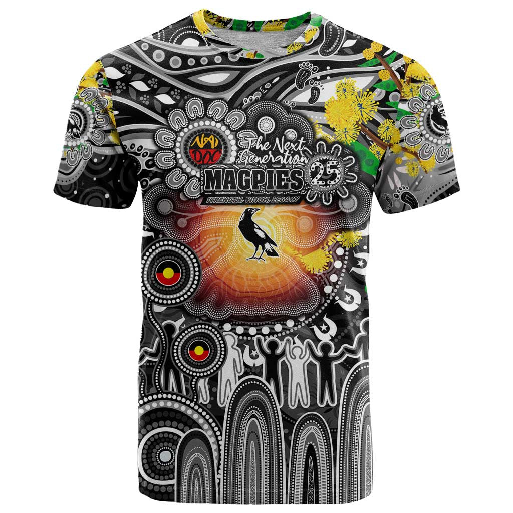 Personalised NAIDOC Week 2025 Magpies Football T Shirt Aboriginal Dot Painting