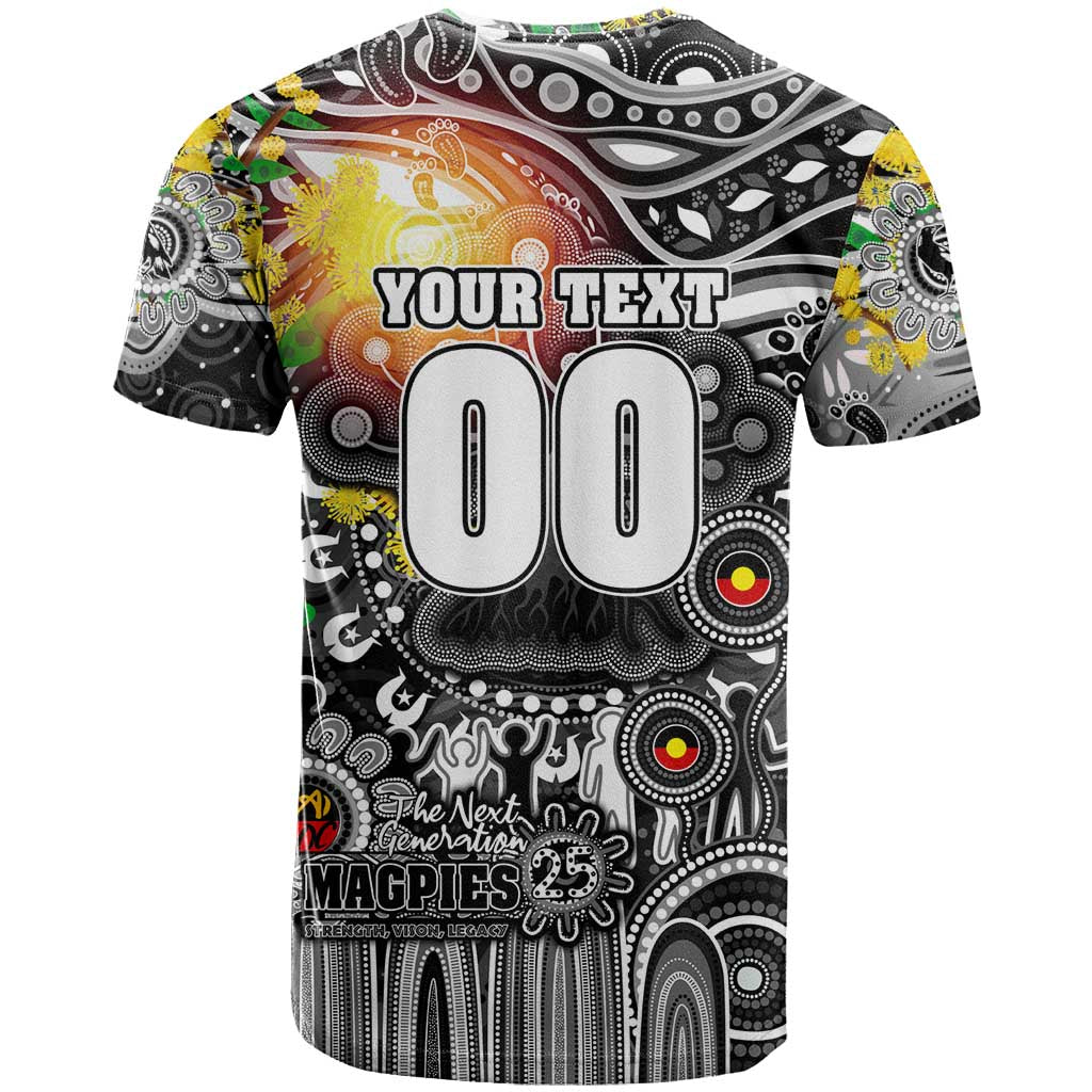 Personalised NAIDOC Week 2025 Magpies Football T Shirt Aboriginal Dot Painting