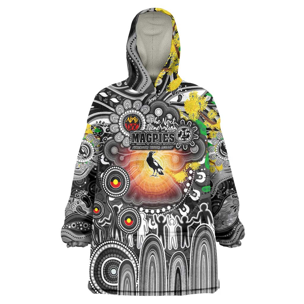 Personalised NAIDOC Week 2025 Magpies Football Wearable Blanket Hoodie Aboriginal Dot Painting