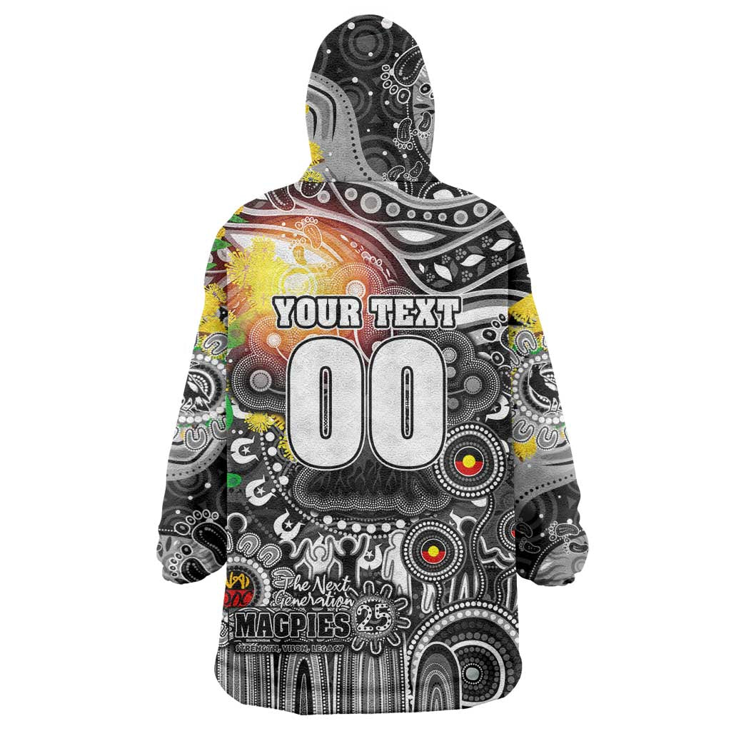 Personalised NAIDOC Week 2025 Magpies Football Wearable Blanket Hoodie Aboriginal Dot Painting