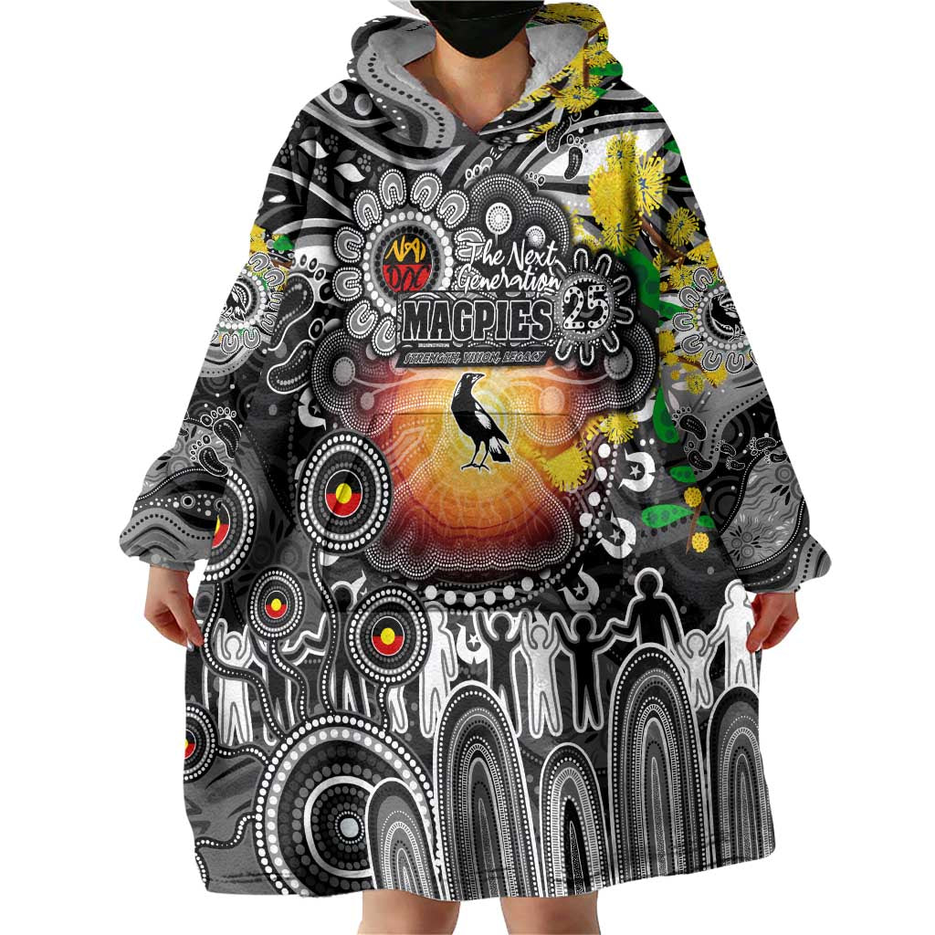Personalised NAIDOC Week 2025 Magpies Football Wearable Blanket Hoodie Aboriginal Dot Painting