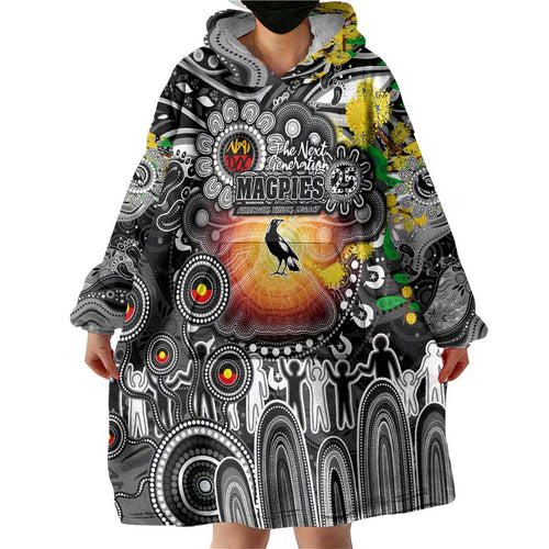 Personalised NAIDOC Week 2025 Magpies Football Wearable Blanket Hoodie Aboriginal Dot Painting