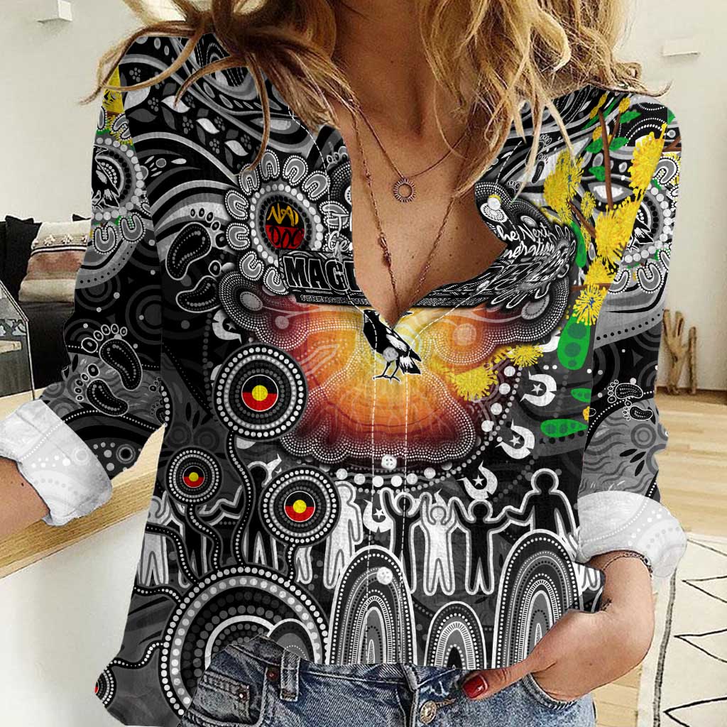 Personalised NAIDOC Week 2025 Magpies Football Women Casual Shirt Aboriginal Dot Painting