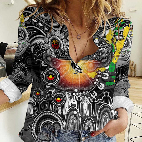 Personalised NAIDOC Week 2025 Magpies Football Women Casual Shirt Aboriginal Dot Painting