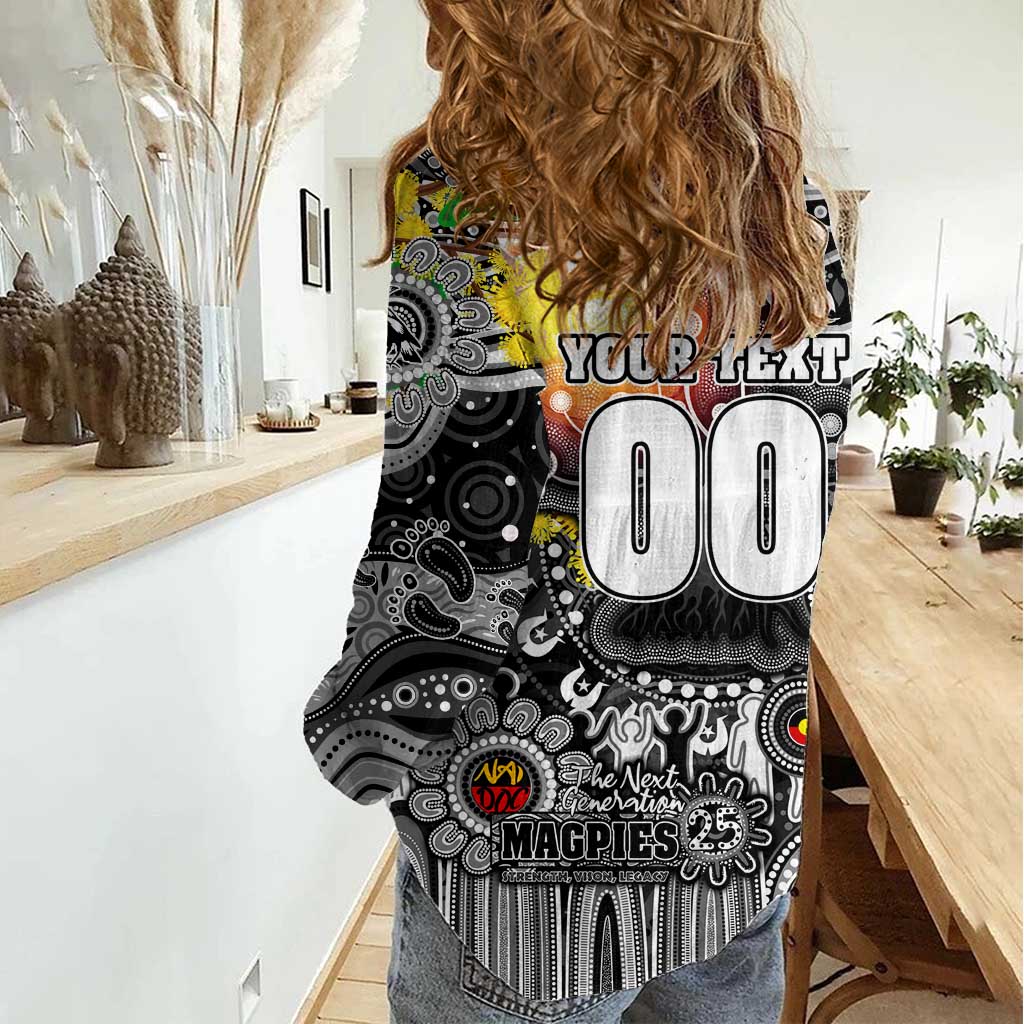 Personalised NAIDOC Week 2025 Magpies Football Women Casual Shirt Aboriginal Dot Painting