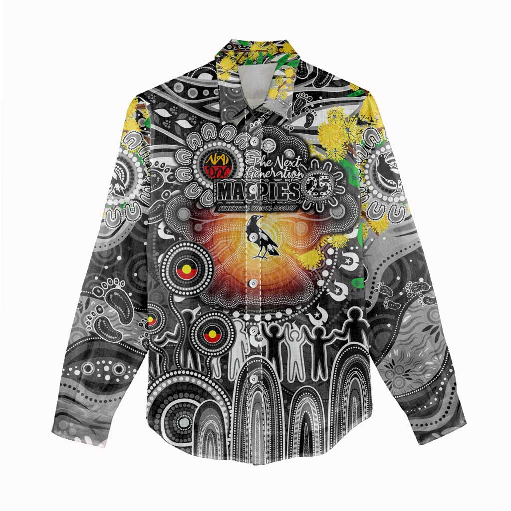 Personalised NAIDOC Week 2025 Magpies Football Women Casual Shirt Aboriginal Dot Painting