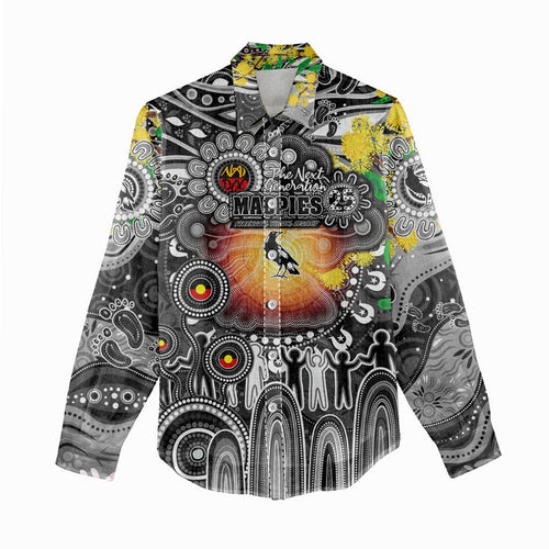Personalised NAIDOC Week 2025 Magpies Football Women Casual Shirt Aboriginal Dot Painting