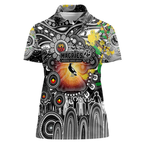 Personalised NAIDOC Week 2025 Magpies Football Women Polo Shirt Aboriginal Dot Painting