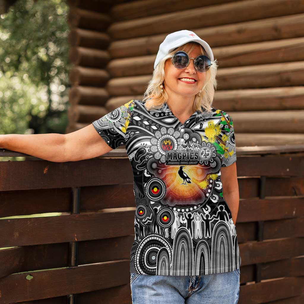 Personalised NAIDOC Week 2025 Magpies Football Women Polo Shirt Aboriginal Dot Painting
