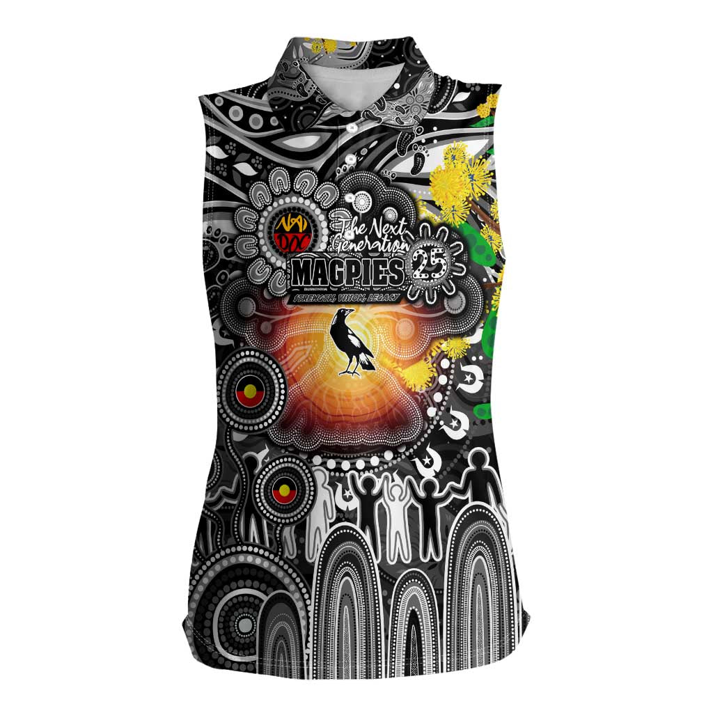 Personalised NAIDOC Week 2025 Magpies Football Women Sleeveless Polo Shirt Aboriginal Dot Painting