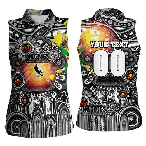 Personalised NAIDOC Week 2025 Magpies Football Women Sleeveless Polo Shirt Aboriginal Dot Painting