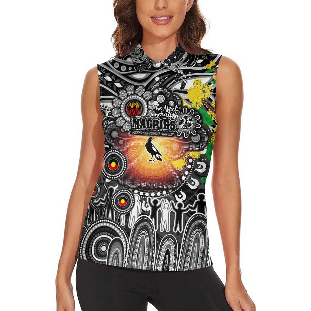 Personalised NAIDOC Week 2025 Magpies Football Women Sleeveless Polo Shirt Aboriginal Dot Painting