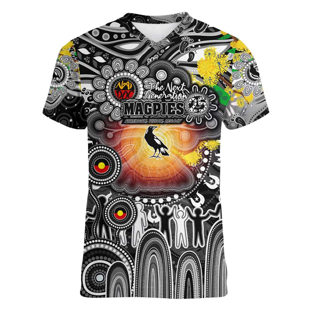 Personalised NAIDOC Week 2025 Magpies Football Women V-Neck T-Shirt Aboriginal Dot Painting