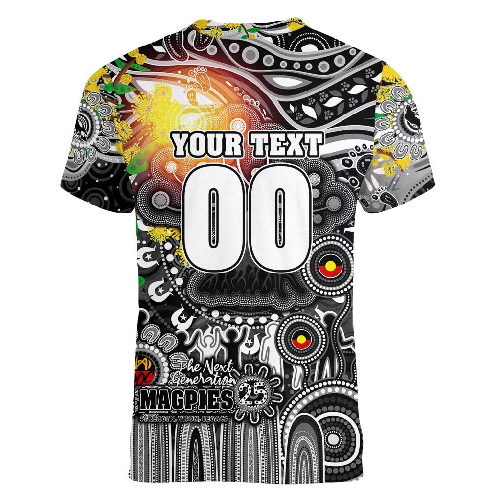 Personalised NAIDOC Week 2025 Magpies Football Women V-Neck T-Shirt Aboriginal Dot Painting